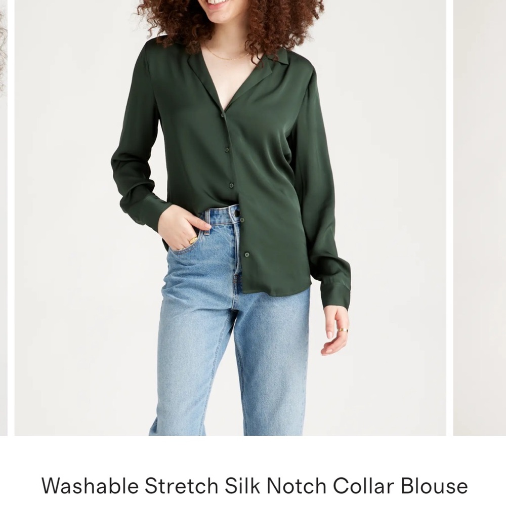 New💕Quince Dark Green Washable Stretch Silk Notch-Collar Blouse(039)